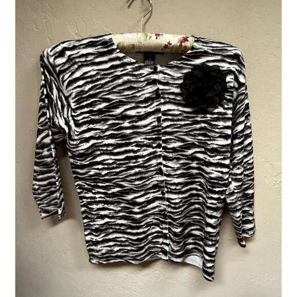 SILX by August Silk Womens Zebra Print Cardigan Sweater Small Black 3/4 Sleeve - Picture 1 of 8